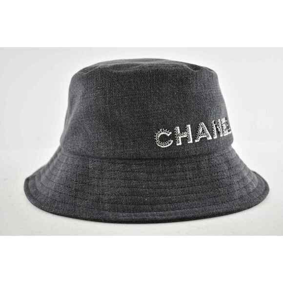 Chanel 22P Black Denim Crystal Sequin CC Logo Sun Cloche Bucket Hat Medium M main image 8
